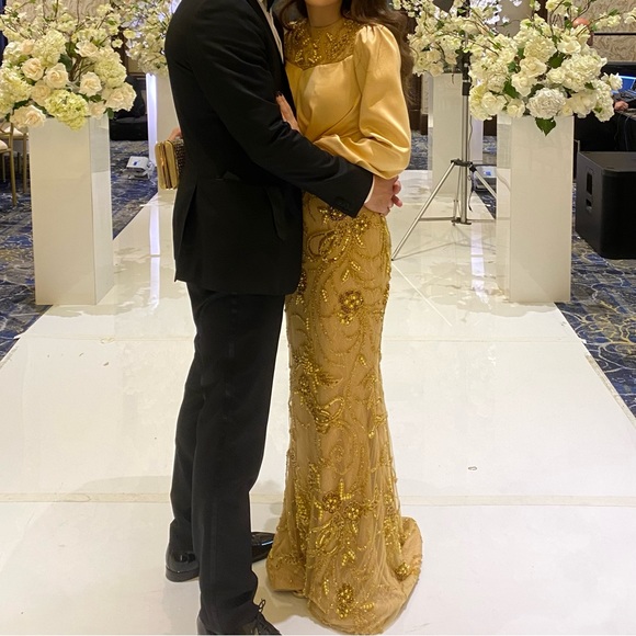 Long modest beaded gown. Fits 2/4. Custom made. Only worn once for a few hours. - Picture 2 of 3